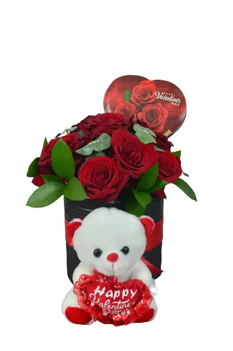 [010] Arreglo de rosas con oso y bombones