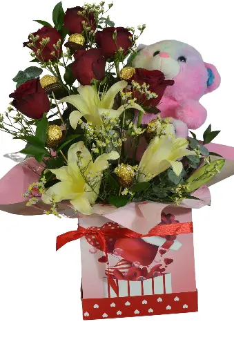 [010] Arreglo de rosas y lirios con bombones ferrero